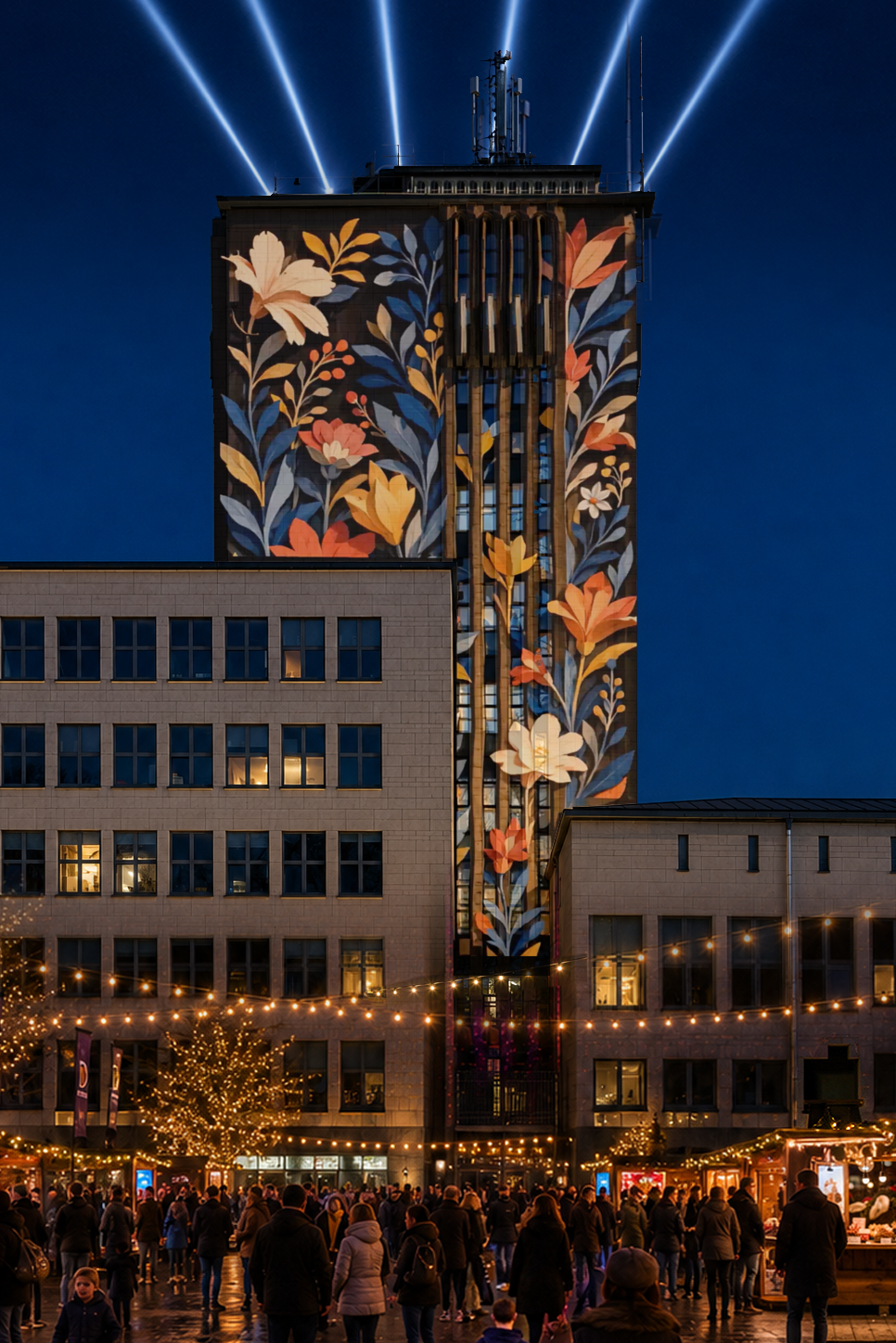 Projectie op toren in het kader van 25 jaar districten